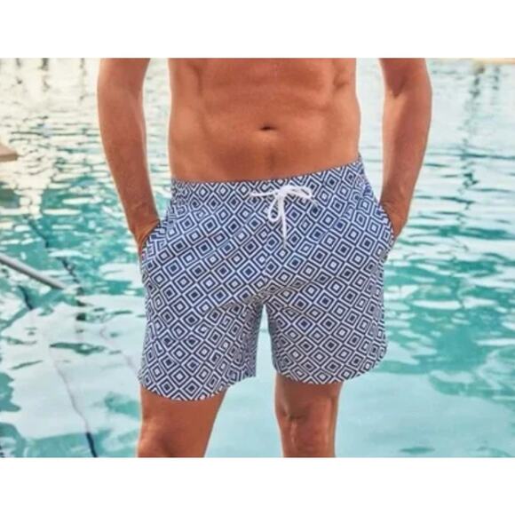 Collars & Co. Other - NWT Collars & Co Men's 7” Riviera Swim Trunks Shorts Navy Blue White Geo Size M